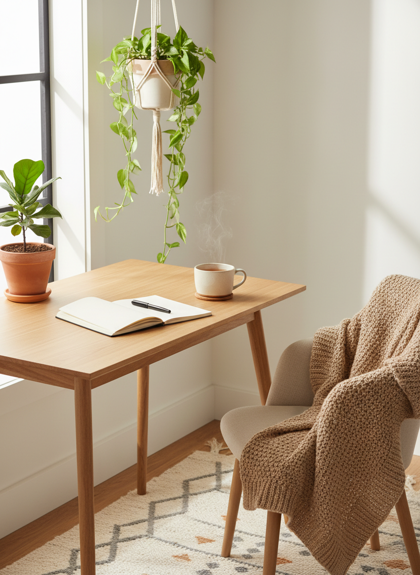 A bright, calm workspace with a light wooden desk and warm natural light